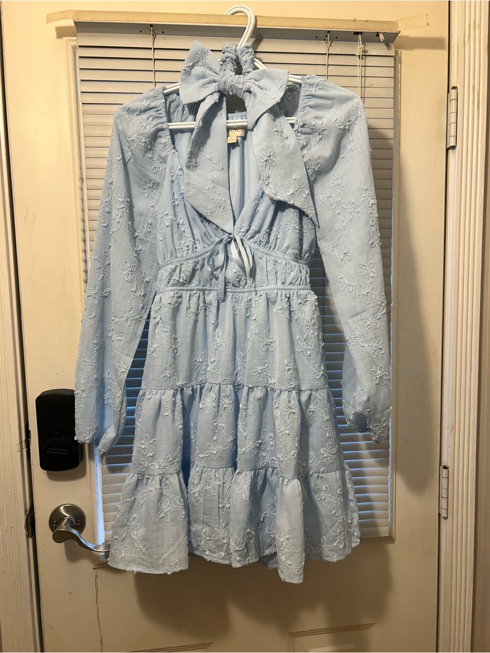 Light Blue Long Sleeve Tiered Lace Dress with Bow Tie